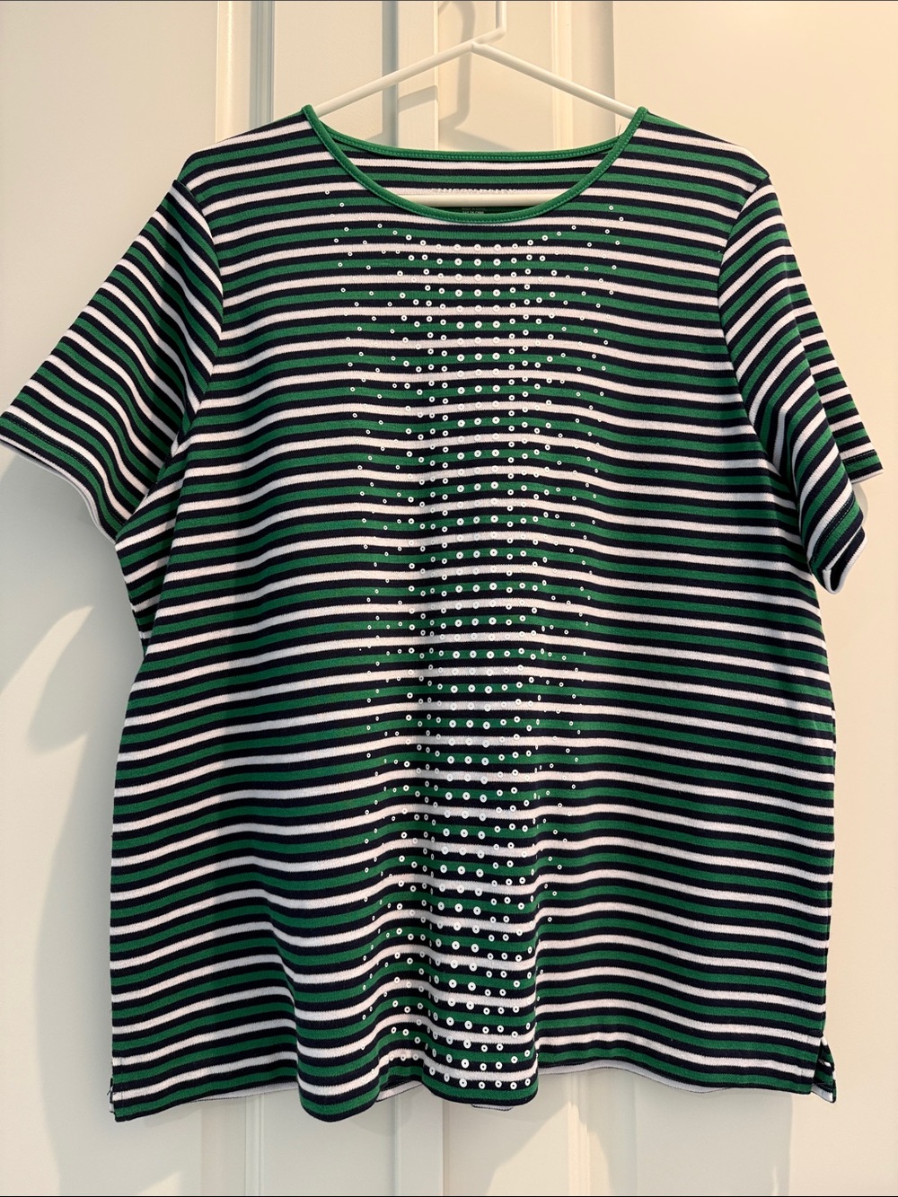 Striped Green and Black Short Sleeve Top with Embellished Front